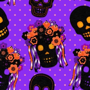 FELT-HALLOWEEN Skulls and Dots Purple and Black