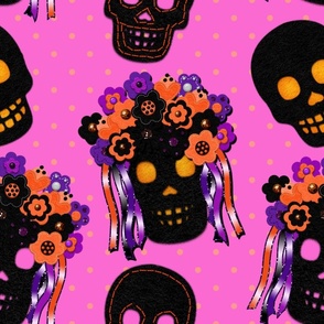 FELT-HALLOWEEN Pink and Black Floral Crown Skulls