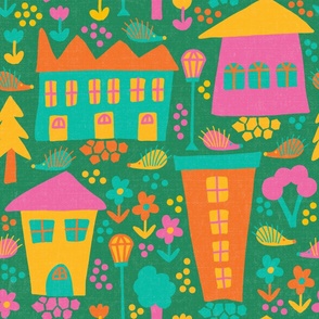 Colorful Houses on Green - 24-inch repeat