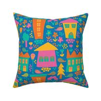 Colorful Houses on Blue - 12-inch repeat