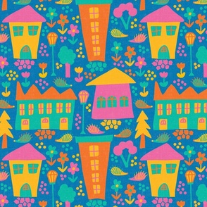 Colorful Houses on Blue - 12-inch repeat