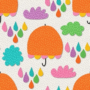 Orange Umbrella, Colorful Rainy Day on Cream, 24-inch repeat