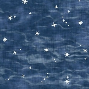 Shibori Stars on Twilight Blue | Night sky fabric, block printed stars on shibori linen pattern, block print stars on denim blue, navy, constellations, blue and white star wallpaper.