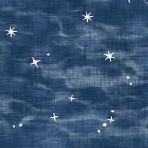 Shibori Stars on Twilight Blue (large scale) | Night sky fabric, block printed stars on shibori linen pattern, block print stars on denim blue, navy, constellations, blue and white star wallpaper.