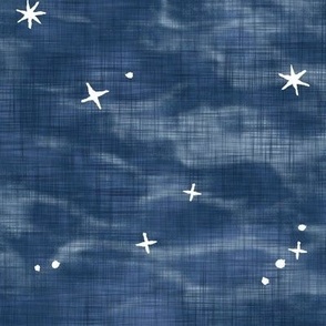 Shibori Stars on Twilight Blue (xl scale) | Night sky fabric, block printed stars on shibori linen pattern, block print stars on denim blue, navy, constellations, blue and white star wallpaper.