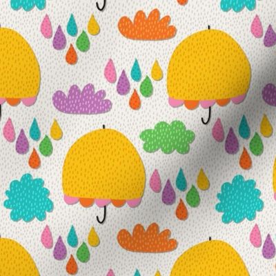 Yellow Umbrella, Colorful Rainy Day on Cream, 6-inch repeat