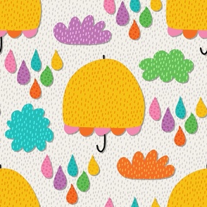 Yellow Umbrella, Colorful Rainy Day on Cream, 24-inch repeat