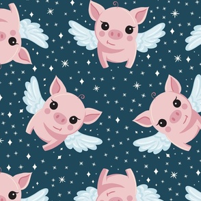 Starry Night Pigs: A Whimsical Pattern of Flying Piggies Among Twinkling Stars