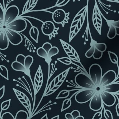 Fanciful Floral Multidirectional Line Drawing in Ice Blue