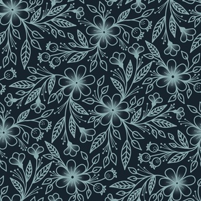 Fanciful Floral Multidirectional Line Drawing in Ice Blue