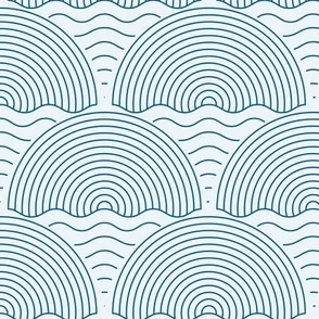 Monochromatic Lineart Sunset over Ocean Waves in Blue on light blue