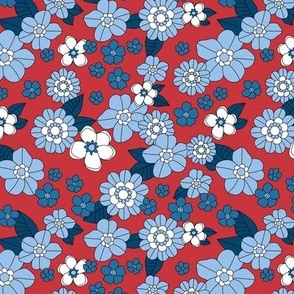 Sixties flower power retro blossom 4th of July design - vintage floral garden and leaves usa patriot palette baby blue navy white on red
