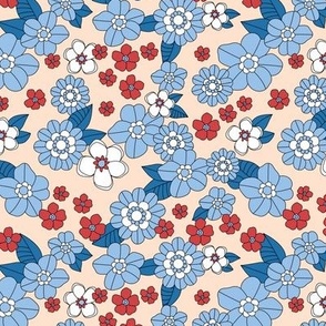 Sixties flower power retro blossom 4th of July design - vintage floral garden and leaves usa patriot palette baby blue navy white red on sand