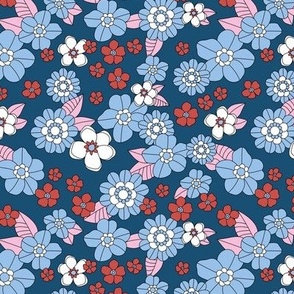 Sixties flower power retro blossom 4th of July design - vintage floral garden and leaves usa patriot palette baby blue white pink red on navy