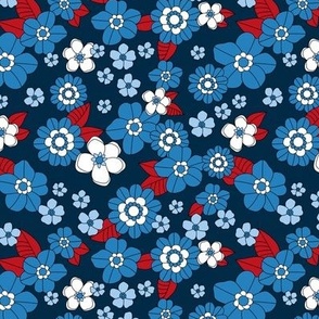 Sixties flower power retro blossom 4th of July design - vintage floral garden and leaves usa patriot palette baby blue red white on navy blue