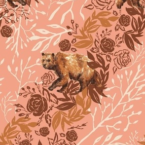 9 inch repeat Brown bear pink diagonal woodland forest animal painted in watercolors with rose flowers, leaves, flora, seeds, and grasses in pink, burnt umber, sepia, sienna, ecru white