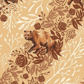 9 inch repeat Brown bear woodland forest animal painted in watercolors with rose flowers, leaves, flora, seeds, and grasses in buff, burnt umber, sepia, sienna, ecru white. Diagonal pattern.