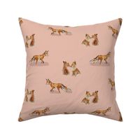 Pink 8 inch repeat Foxes touching noses and fox walking rustic forest woodland animal nature print in orange, brown, ivory white, rose quartz, Terra Cotta rust red