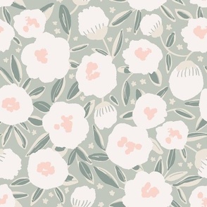 Medium - Flower Clouds and Blooming Stars - Non-Directional Ceiling Floral Wallpaper - Sage Green / Ivory Pink  - Neutral Nursery Wallpaper