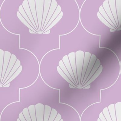 Quatrefoil with white geometric Seashells on lilac purple