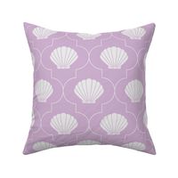 Quatrefoil with white geometric Seashells on lilac purple