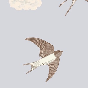 Large Barn swallows ceiling wallpaper - brown and soft white on French linen blue - birds flying among the clouds wallpaper bedding scale