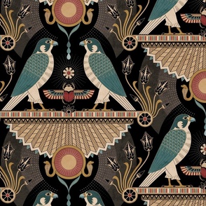 Egyptian falcons - art deco style, Horus or Ra sun god, scarab beetle, serpent - black, gold - extra large