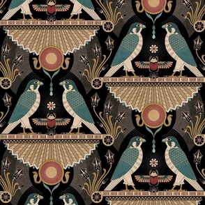 Egyptian falcons - art deco style, Horus or Ra sun god, scarab beetle, serpent - black, gold - large