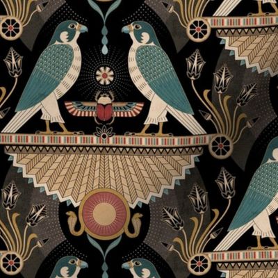 Egyptian falcons - art deco style, Horus or Ra sun god, scarab beetle, serpent - black, gold - mid-large