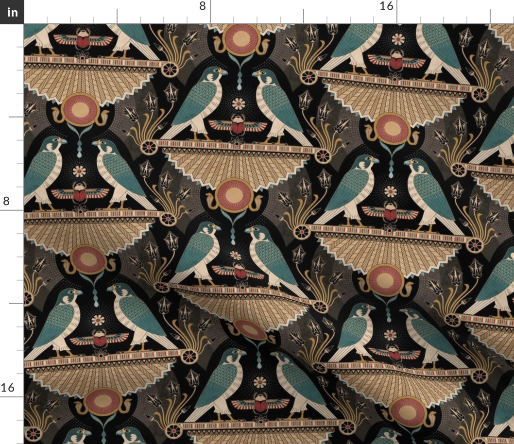 Egyptian falcons - art deco style, Horus or Ra sun god, scarab beetle, serpent - black, gold - mid-large