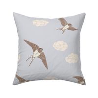 Medium Barn swallows - brown and soft white on French linen blue - birds flying among the clouds