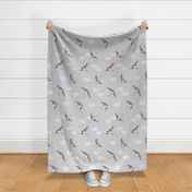 Medium Barn swallows - brown and soft white on French linen blue - birds flying among the clouds