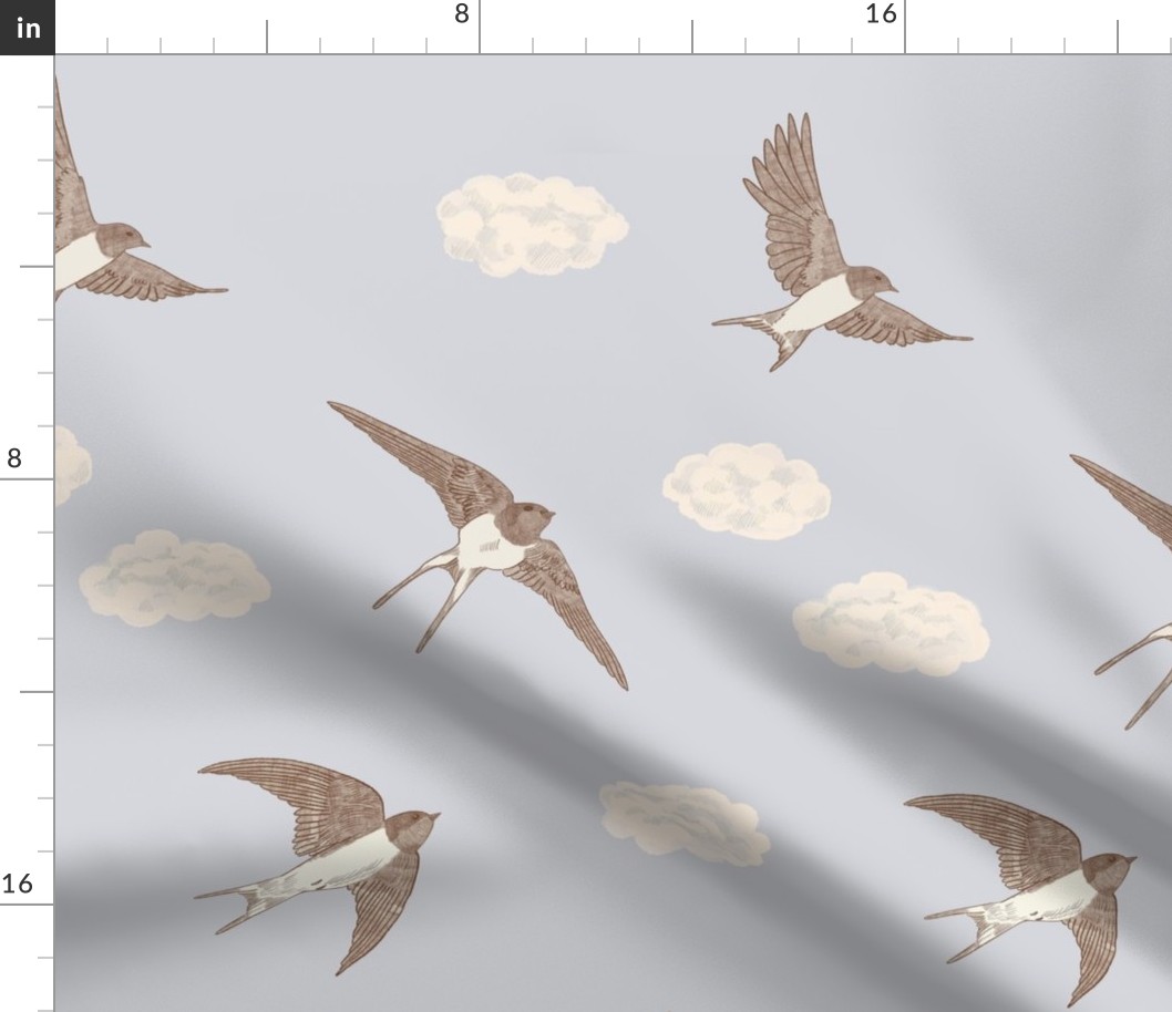 Medium Barn swallows - brown and soft white on French linen blue - birds flying among the clouds