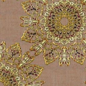 Kaleidoscope Tulips and Leaves Amber Browns with Faux Gold on Beige