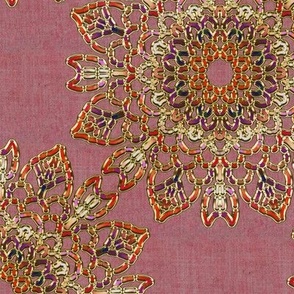 Kaleidoscope Tulips and Leaves Red Purples with Faux Gold on Dusty Rose Pink