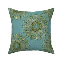 Kaleidoscope Tulips and Leaves Bright Turquoise and White with Faux Gold on Turquoise Blue