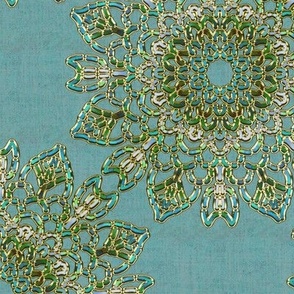 Kaleidoscope Tulips and Leaves Bright Turquoise and White with Faux Gold on Turquoise Blue