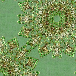 Kaleidoscope Tulips and Leaves Green and Brown with Faux Gold on Yellow Green