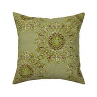 Kaleidoscope Tulips and Leaves Green and Brown with Faux Gold on Khaki Green