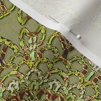 Kaleidoscope Tulips and Leaves Green and Brown with Faux Gold on Khaki Green