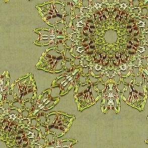 Kaleidoscope Tulips and Leaves Green and Brown with Faux Gold on Khaki Green