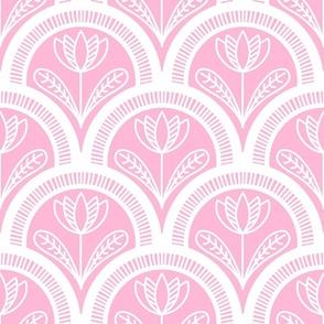 White Scallop Folk Floral with Pink Background