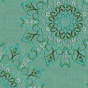Kaleidoscope Tulips and Leaves Greens and Turquoise on Mint Green