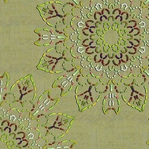 Kaleidoscope Tulips and Leaves Green and Brown on Khaki Green