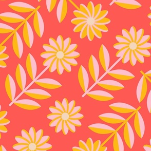 LOVE ME LOVE ME NOT Folk Art Mid-Century Modern Scandi Floral in Coral Orange Yellow Pink With Cream Dots - LARGE Scale - UnBlink Studio by Jackie Tahara