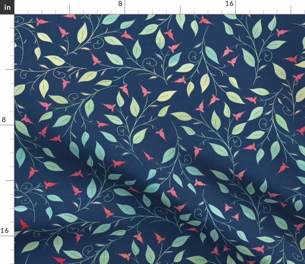 Penny's Petals - Watercolor leaves and 'hearts' on linen Navy