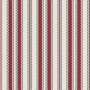 Vertical stripes dusted red blue cream French Linen