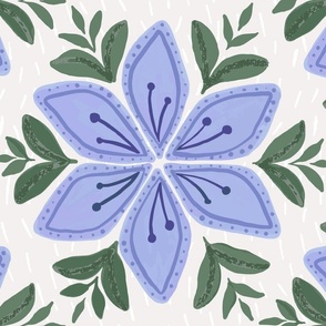 Blue gouache geometric floral wallpaper / jumbo large/ cornflower blue and green 