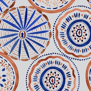 Decorative Hand Painted Patterned Circles Cobalt Blue And Rust Orange Large