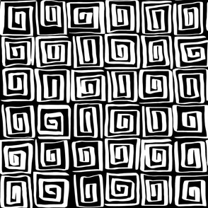 Hand Drawn Greek Key Square Spirals Motif, White on Black (Large Scale)